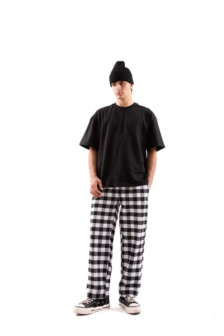 Ekoseli Bel İpli Siyah Pijama