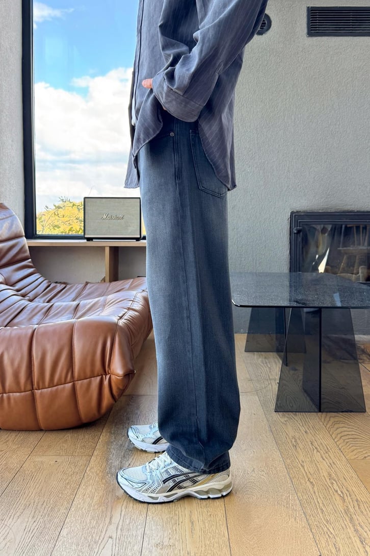 Eskitme Çizgili Baggy Jean