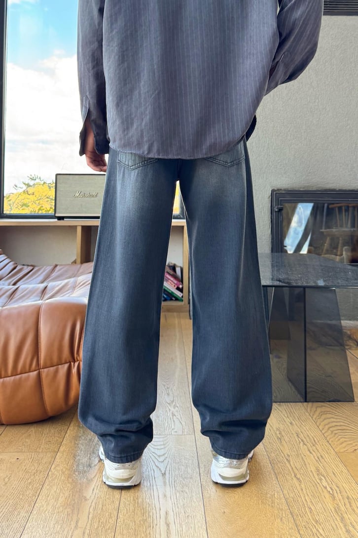 Eskitme Çizgili Baggy Jean