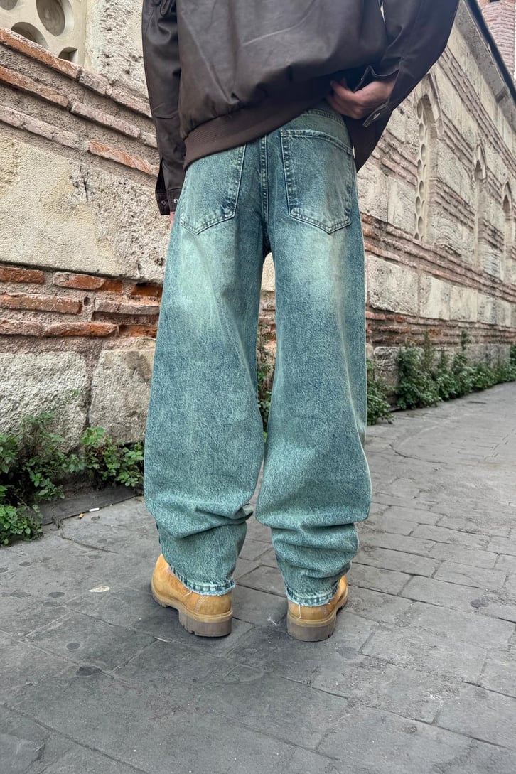 Eskitme Çizgili Baggy Jean