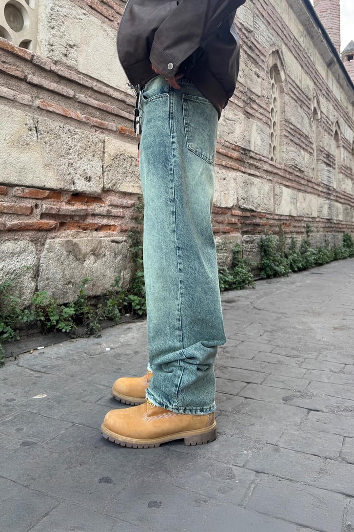 Eskitme Çizgili Baggy Jean