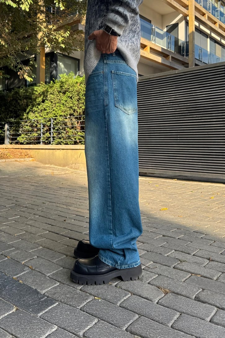 Eskitme Çizgili Baggy Jean