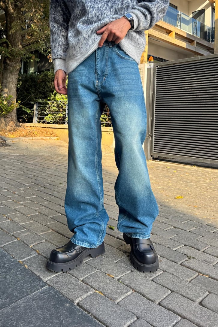 Eskitme Çizgili Baggy Jean