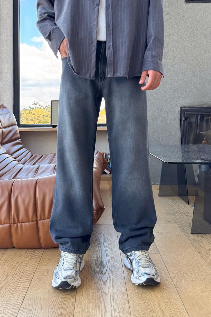Eskitme Çizgili Baggy Jean
