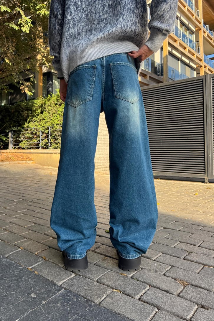 Eskitme Çizgili Baggy Jean