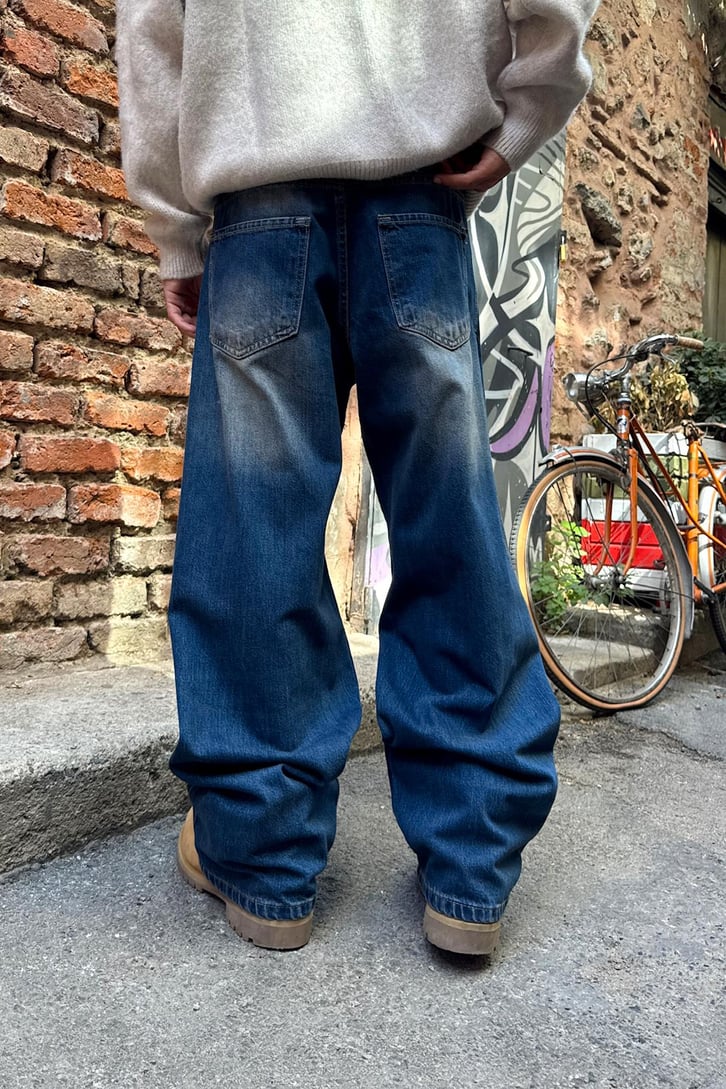 Eskitme Detay Çizgili Baggy Jean