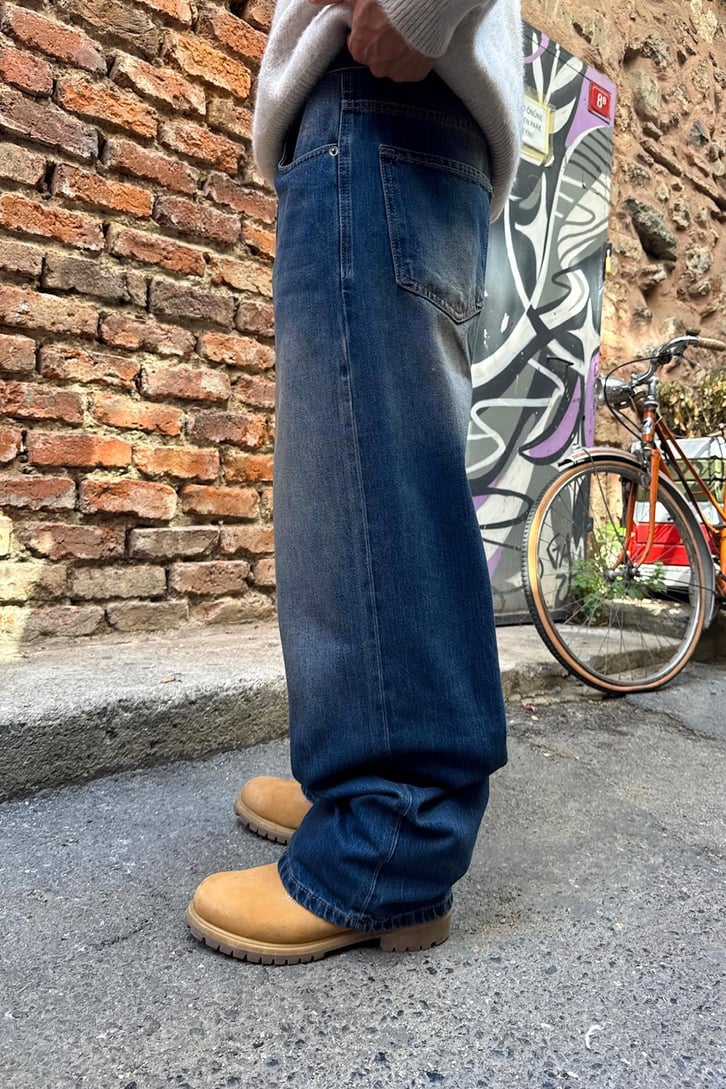 Eskitme Detay Çizgili Baggy Jean