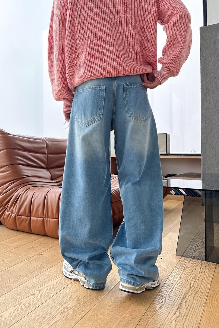 Eskitme Detay Çizgili Baggy Jean