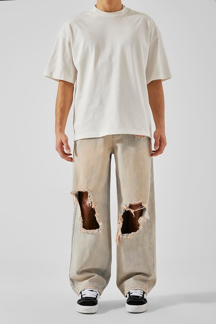Eskitme Yırtık Detaylı Acid Wash Baggy Jean