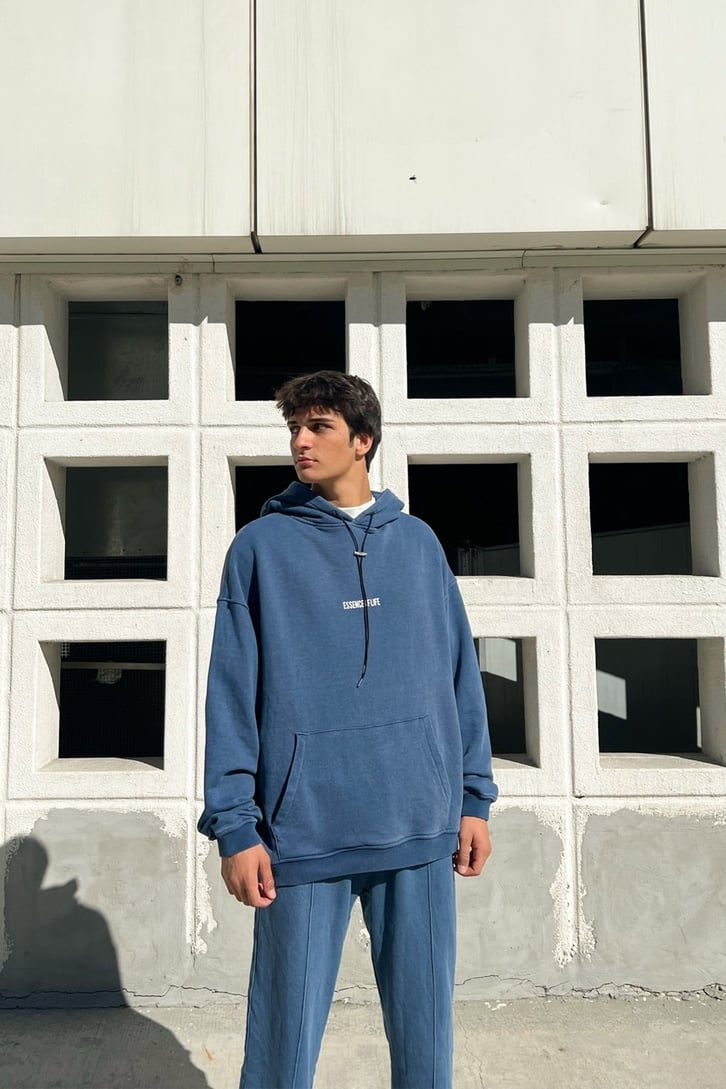 Essence of Life Baskılı Mavi Acid Wash Eşofman Takımı