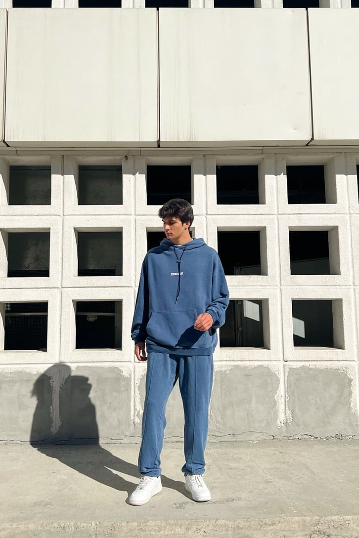 Essence of Life Baskılı Mavi Acid Wash Eşofman Takımı