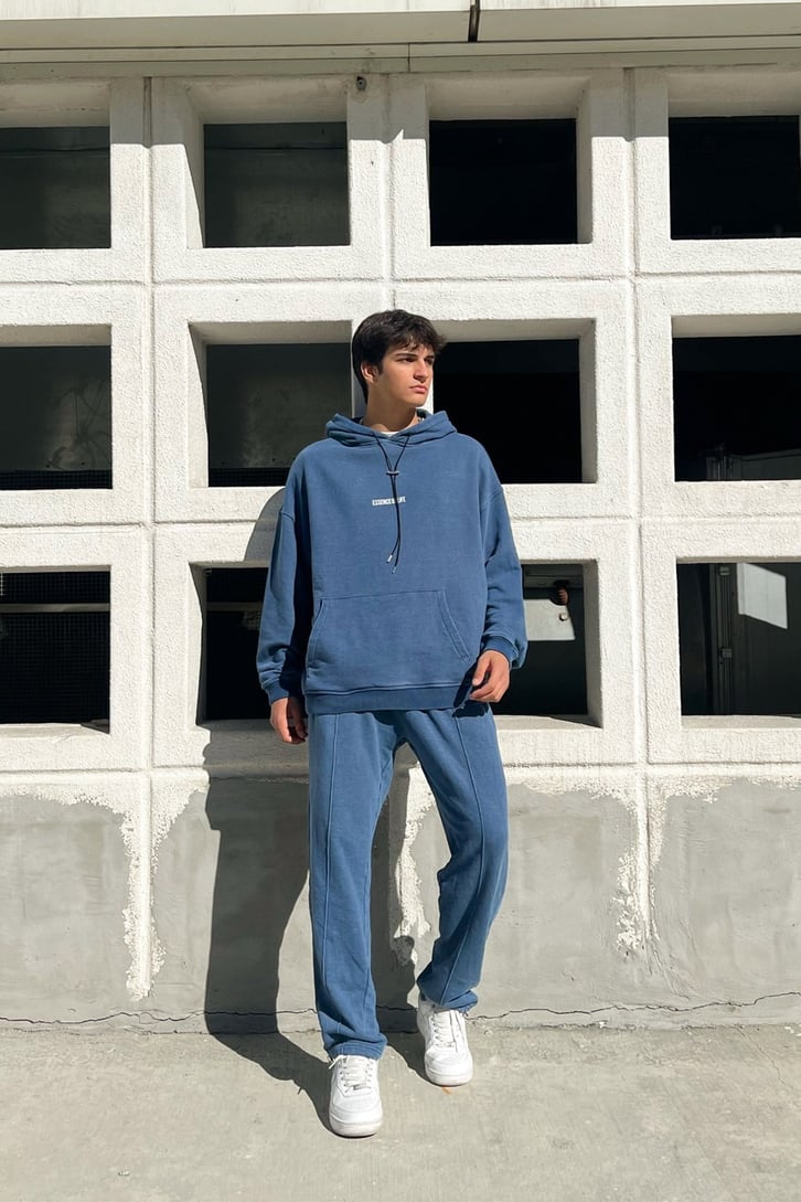 Essence of Life Baskılı Mavi Acid Wash Eşofman Takımı