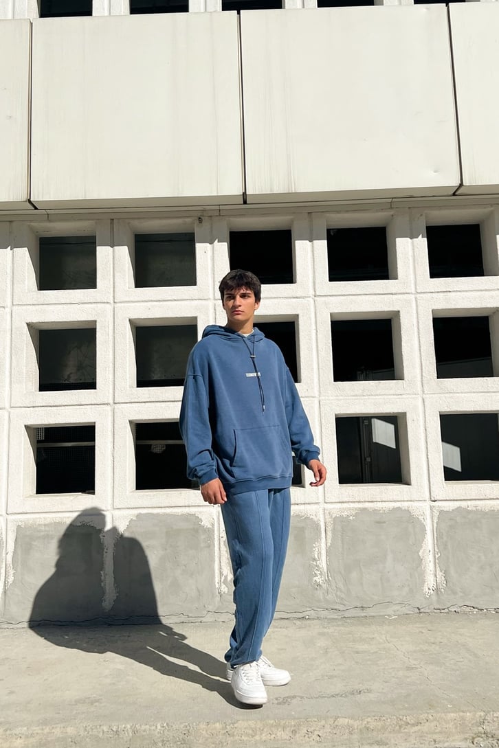 Essence of Life Baskılı Mavi Acid Wash Eşofman Takımı