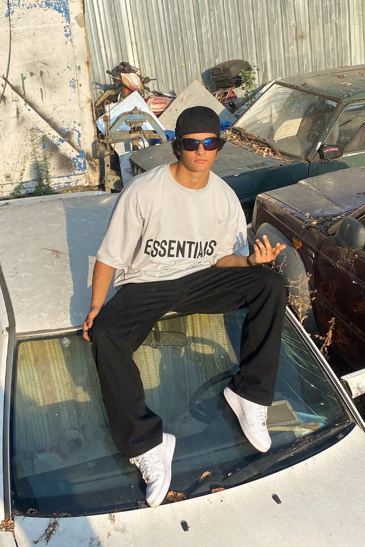 Essentials Baskılı Gri Oversize Tshirt