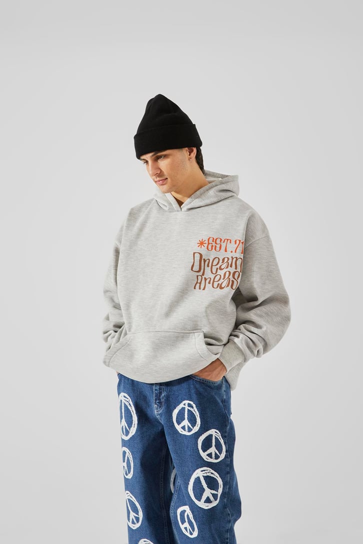 EST.71 Baskılı Gri Oversize Hoodie