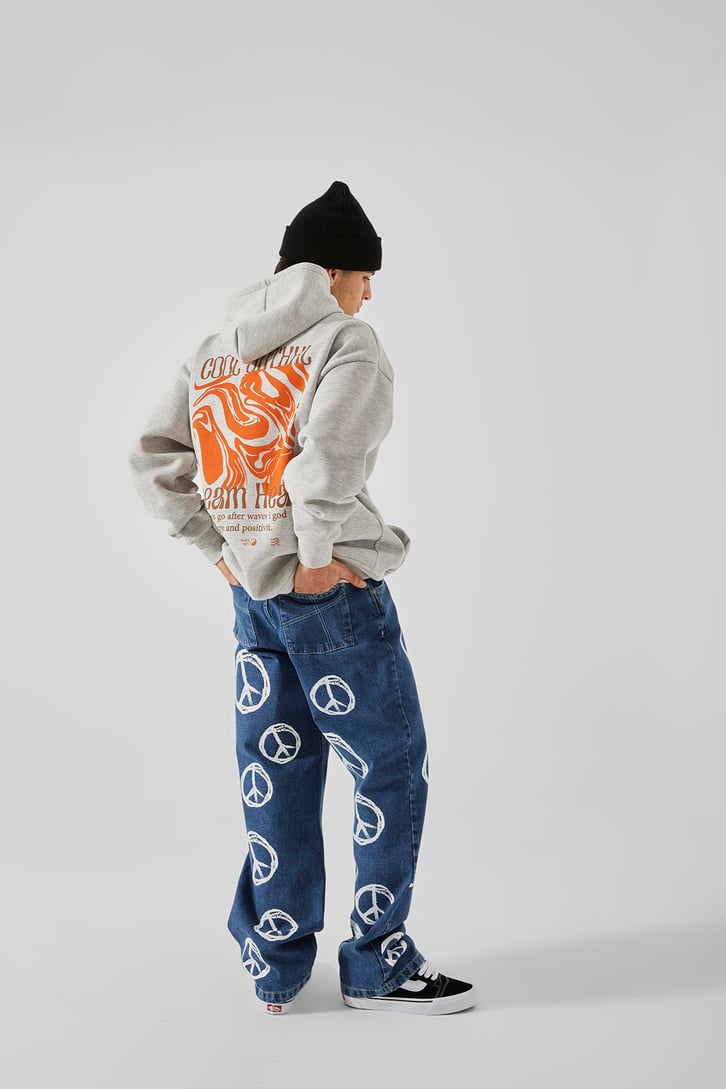 EST.71 Baskılı Gri Oversize Hoodie