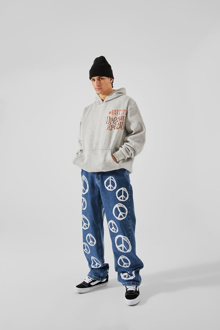 EST.71 Baskılı Gri Oversize Hoodie