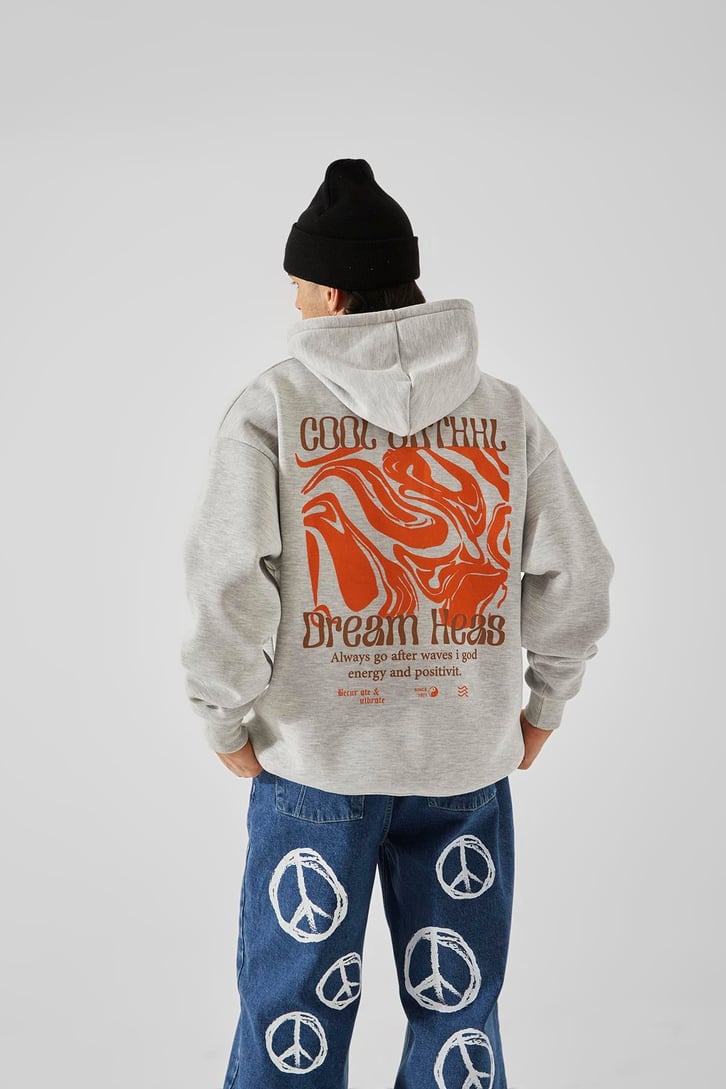 EST.71 Baskılı Gri Oversize Hoodie