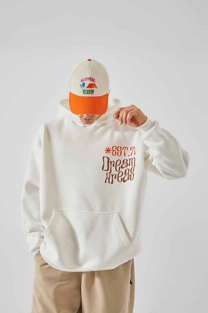 EST.71 Baskılı Beyaz Oversize Hoodie