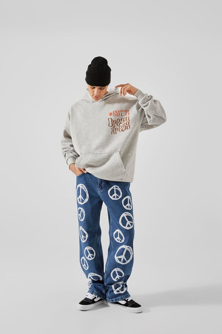 EST.71 Baskılı Gri Oversize Hoodie
