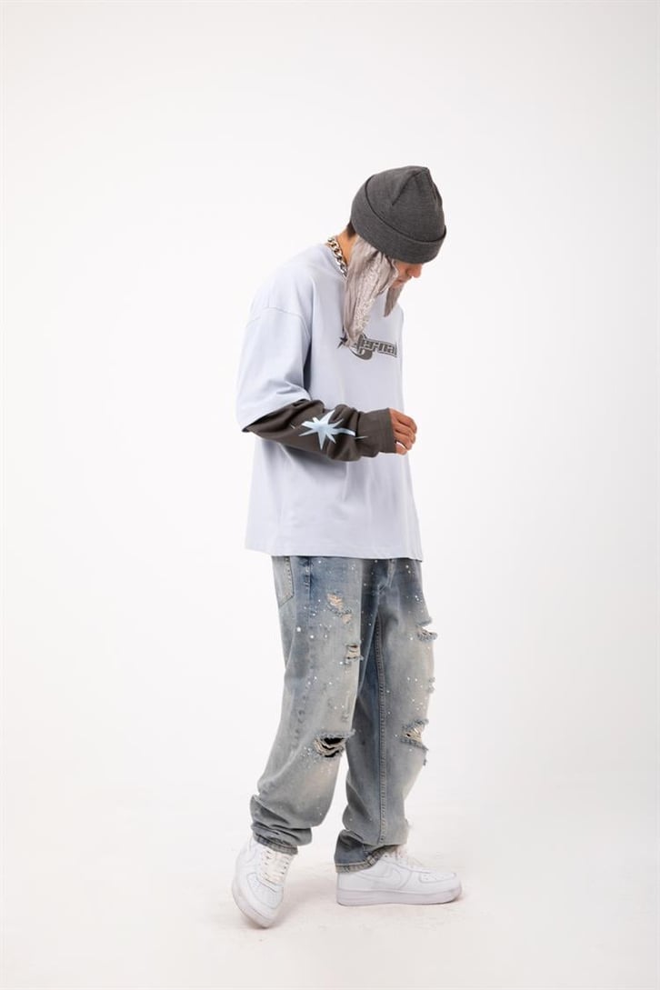 Eternal Baskılı Mavi Oversize Long Sleeve Tişört