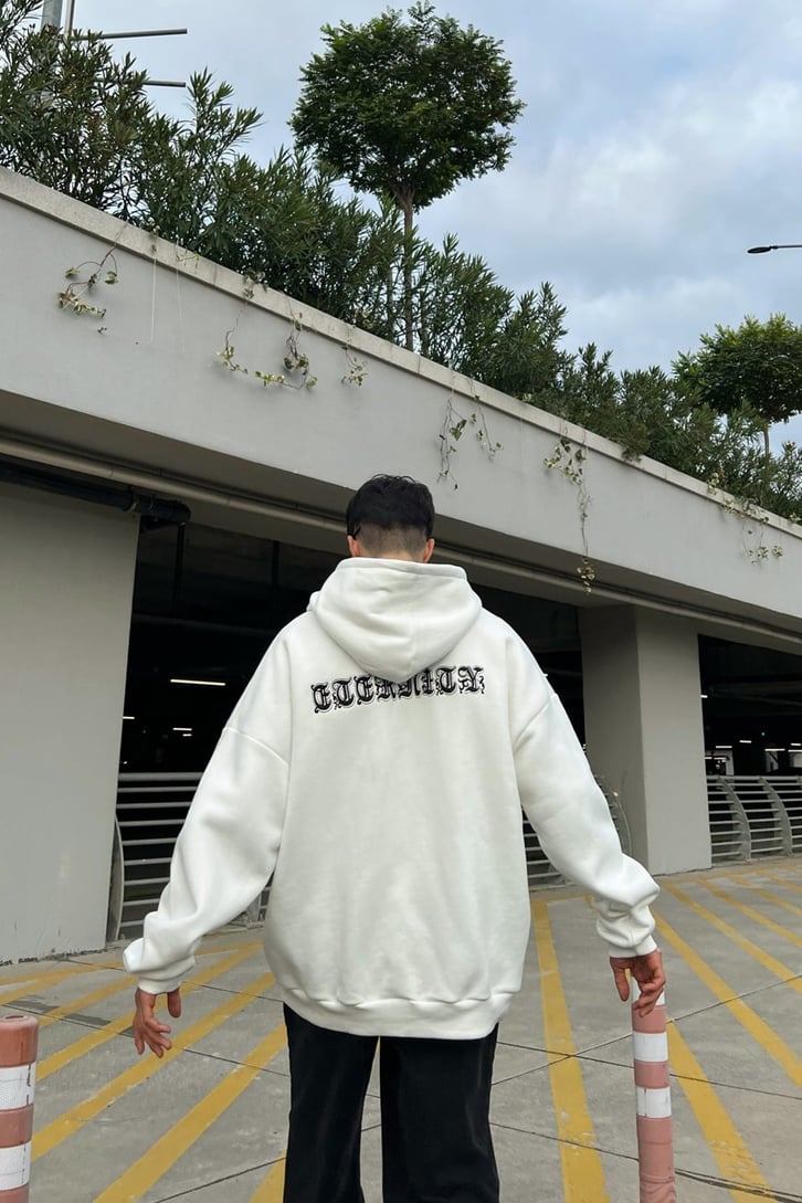 Eternity Nakışlı Beyaz Zipper Sweatshirt