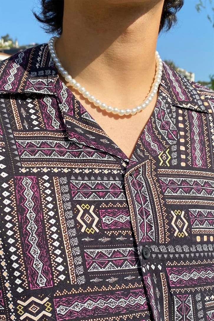 Ethnic Pattern Siyah Kısa Kollu Gömlek
