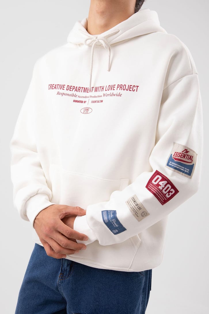 Etiket Nakışlı Bej Oversize Hoodie