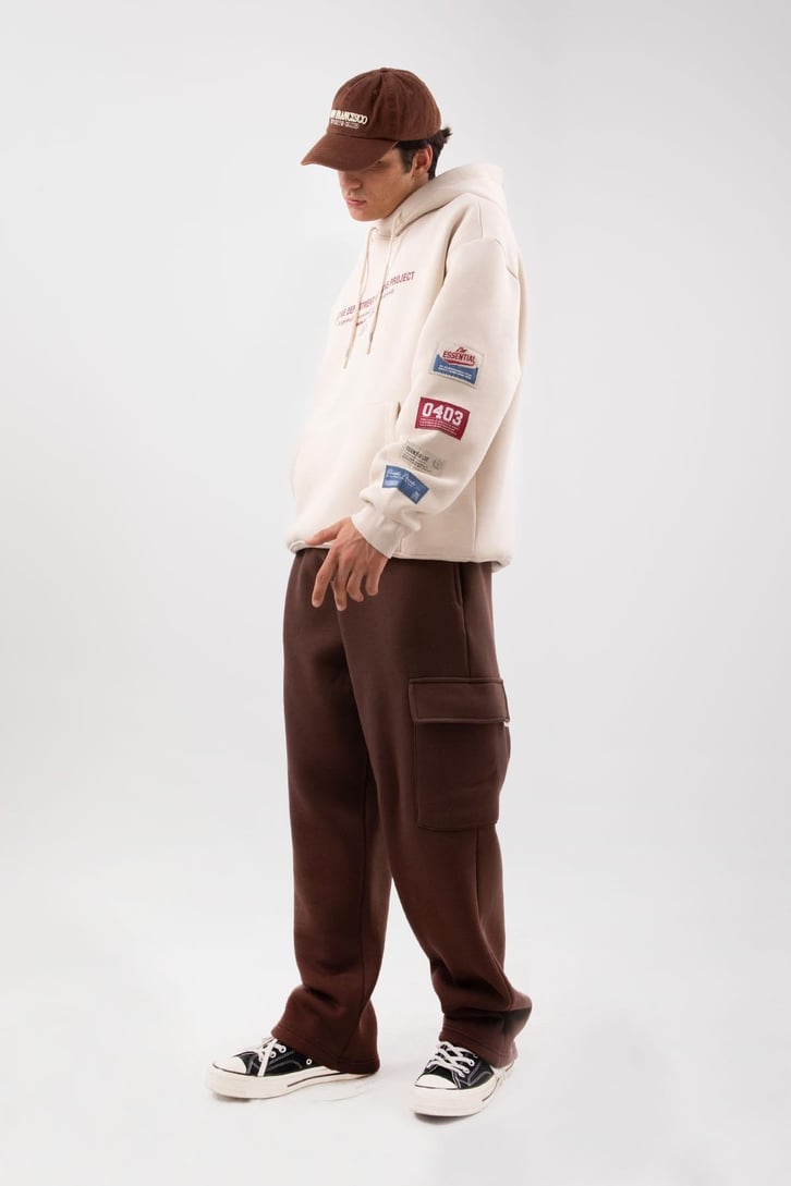 Etiket Nakışlı Bej Oversize Hoodie