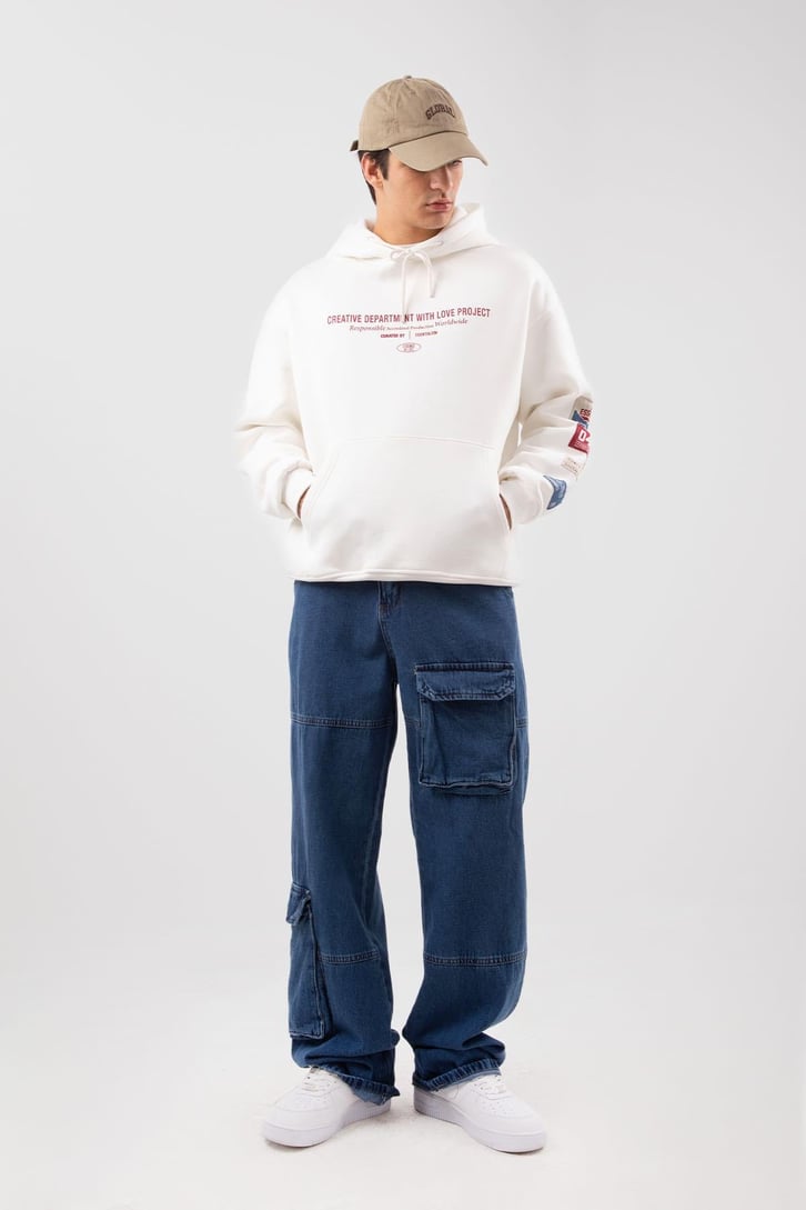 Etiket Nakışlı Bej Oversize Hoodie
