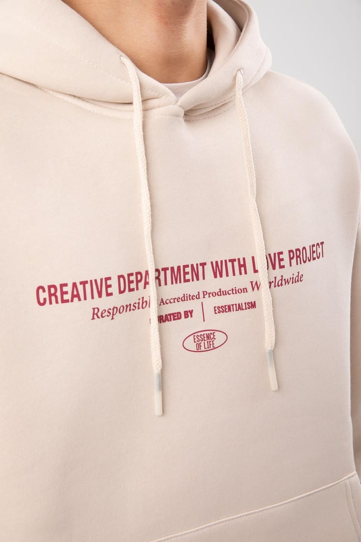 Etiket Nakışlı Bej Oversize Hoodie