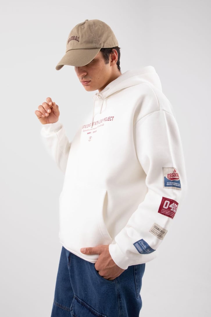 Etiket Nakışlı Bej Oversize Hoodie