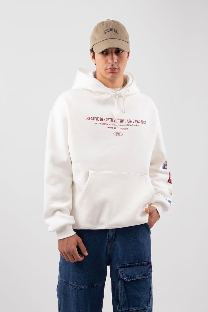 Etiket Nakışlı Bej Oversize Hoodie