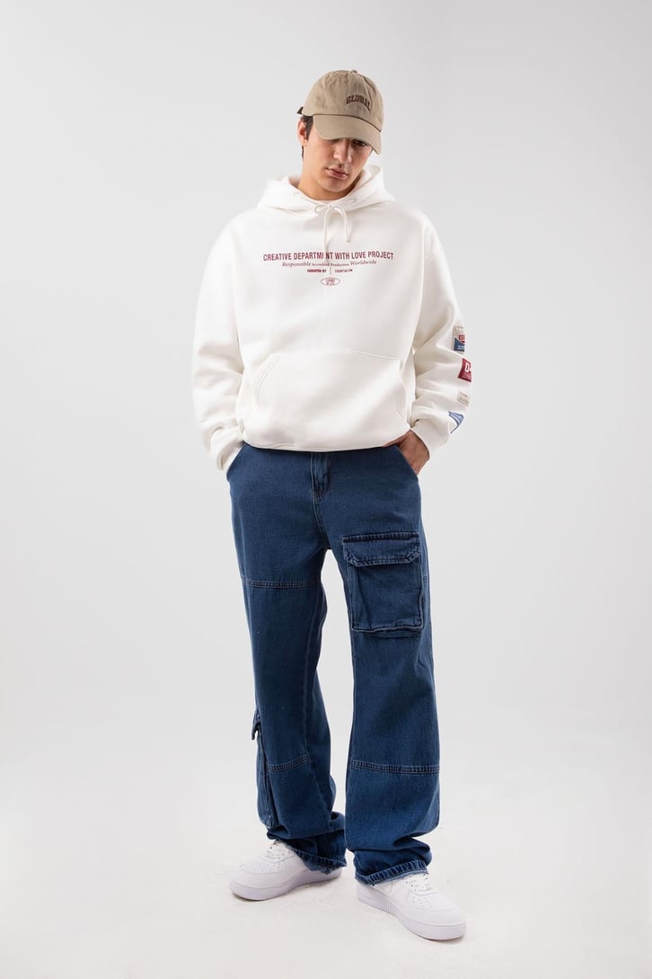 Etiket Nakışlı Bej Oversize Hoodie