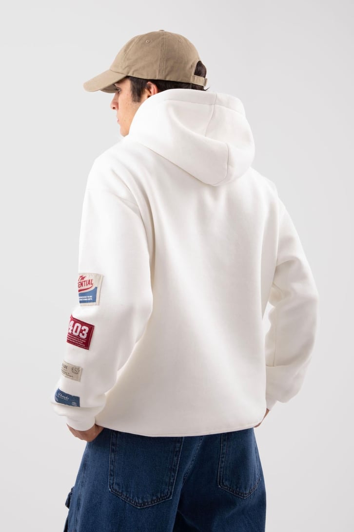 Etiket Nakışlı Bej Oversize Hoodie