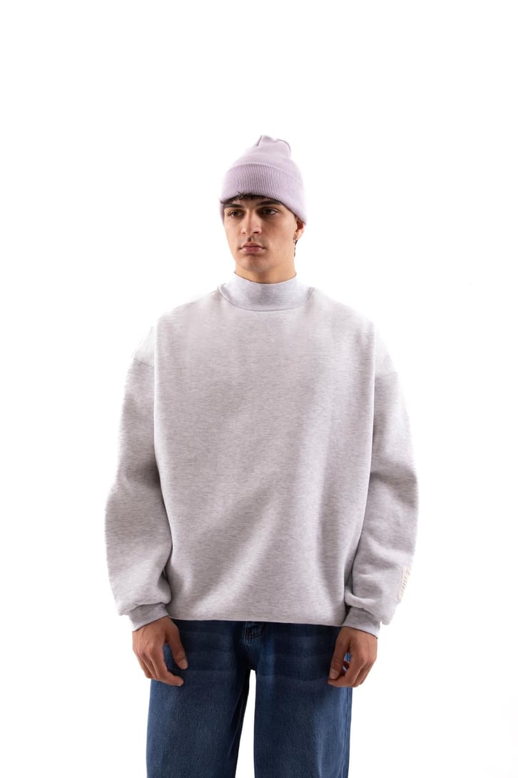 Etiket Nakışlı Gri Melanj Oversize Sweatshirt