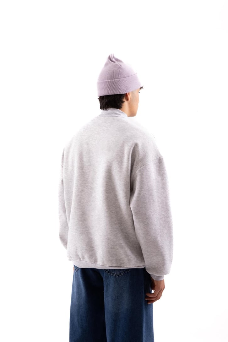 Etiket Nakışlı Gri Melanj Oversize Sweatshirt