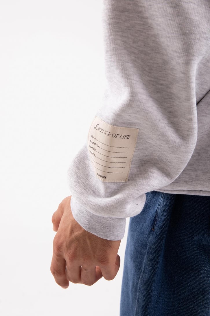Etiket Nakışlı Gri Melanj Oversize Sweatshirt