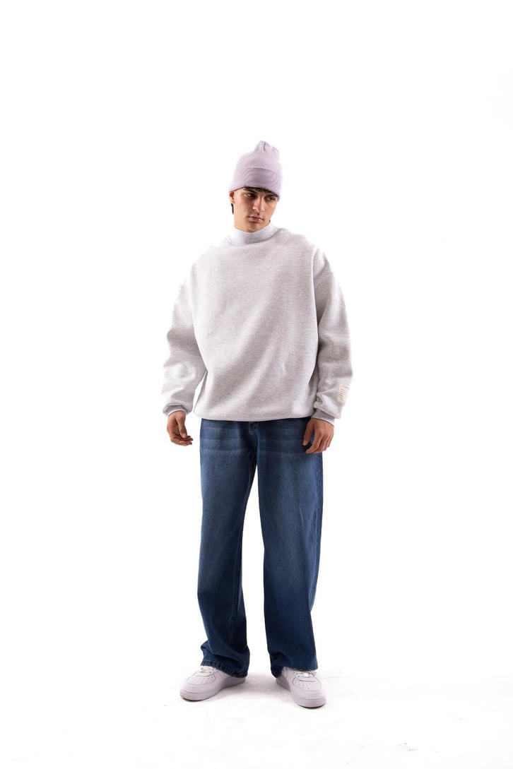 Etiket Nakışlı Gri Melanj Oversize Sweatshirt