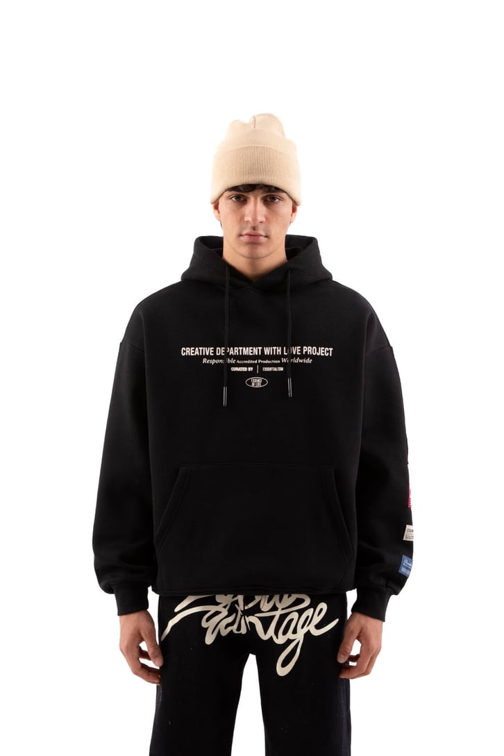Etiket Nakışlı Siyah Oversize Hoodie