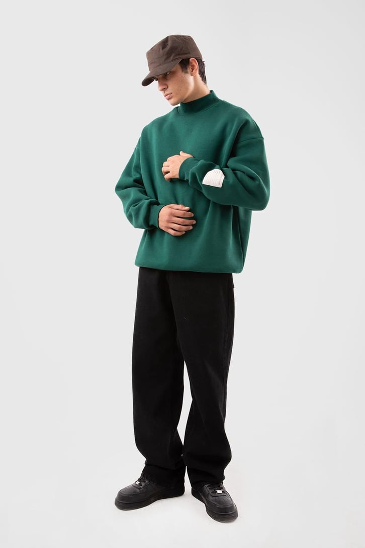 Etiket Nakışlı Yeşil Oversize Sweatshirt