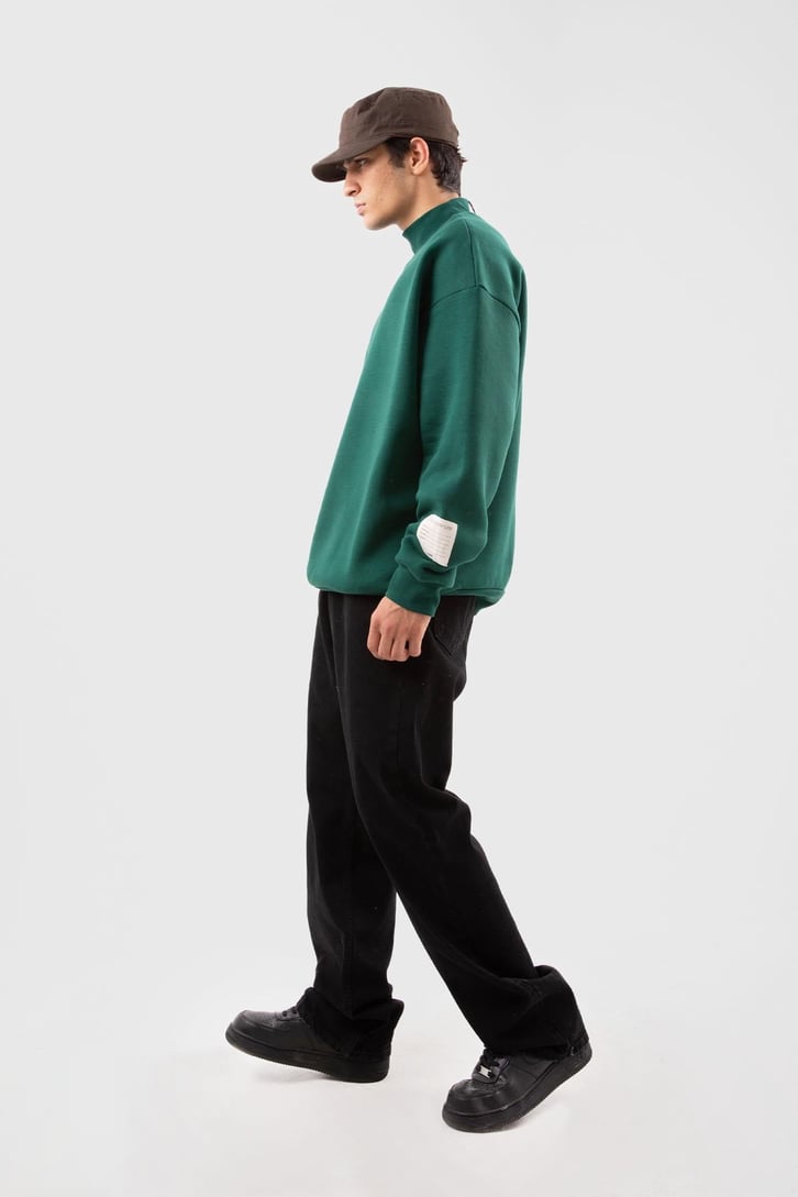 Etiket Nakışlı Yeşil Oversize Sweatshirt