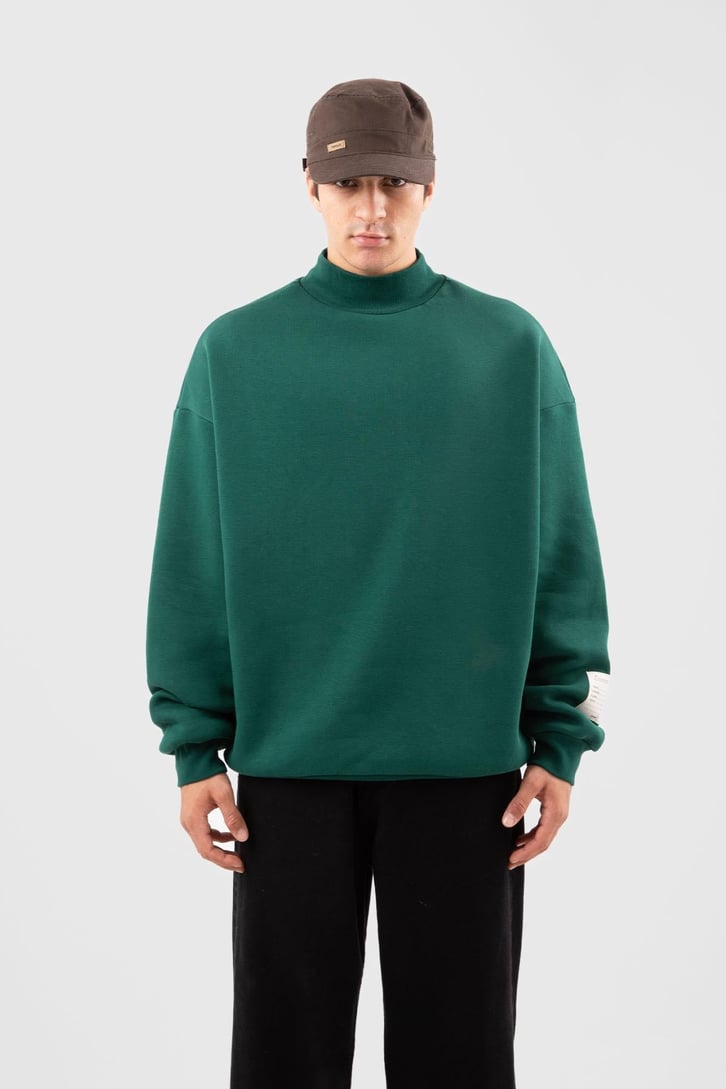 Etiket Nakışlı Yeşil Oversize Sweatshirt