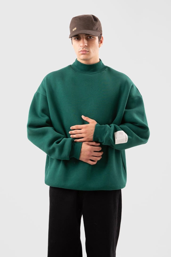 Etiket Nakışlı Yeşil Oversize Sweatshirt