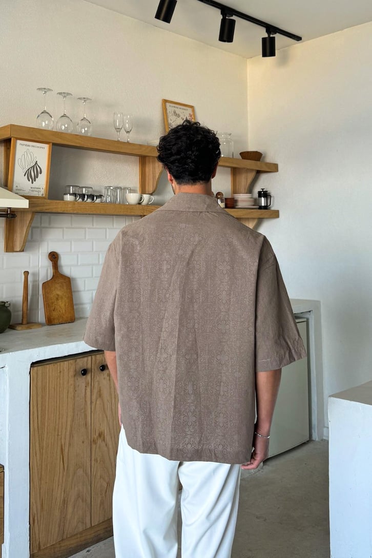 Etnic Desen Kısa Kol Oversize Gömlek