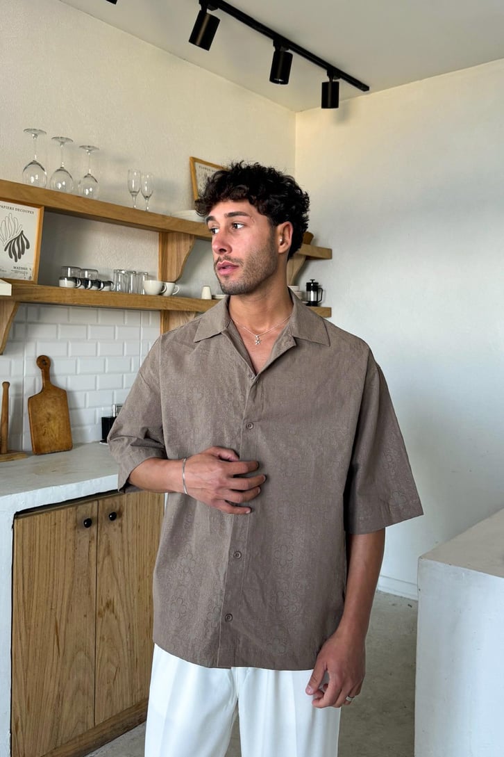 Etnic Desen Kısa Kol Oversize Gömlek