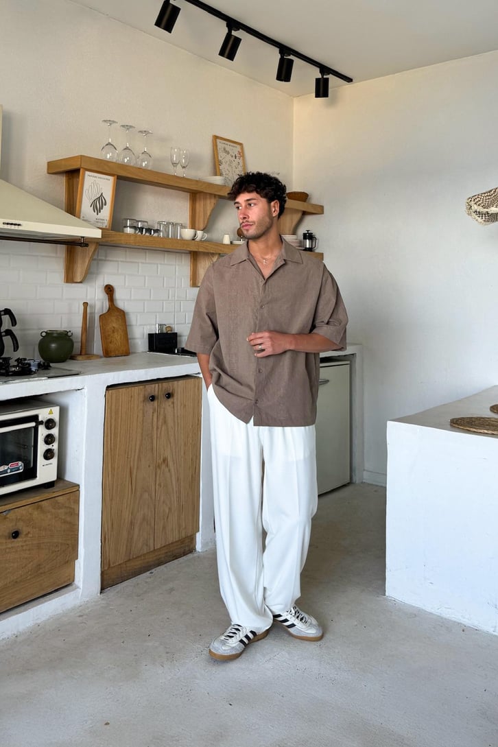 Etnic Desen Kısa Kol Oversize Gömlek