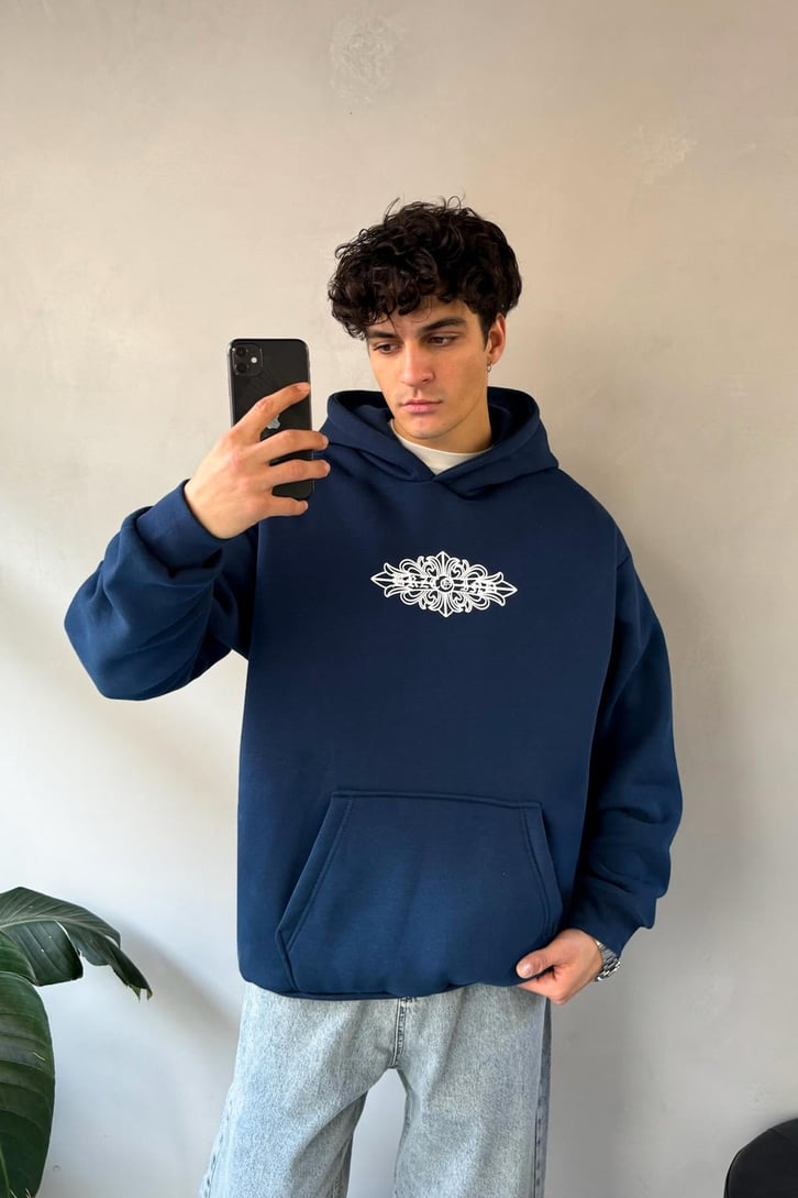 Etnik Sırt Baskılı Oversize Hoodie