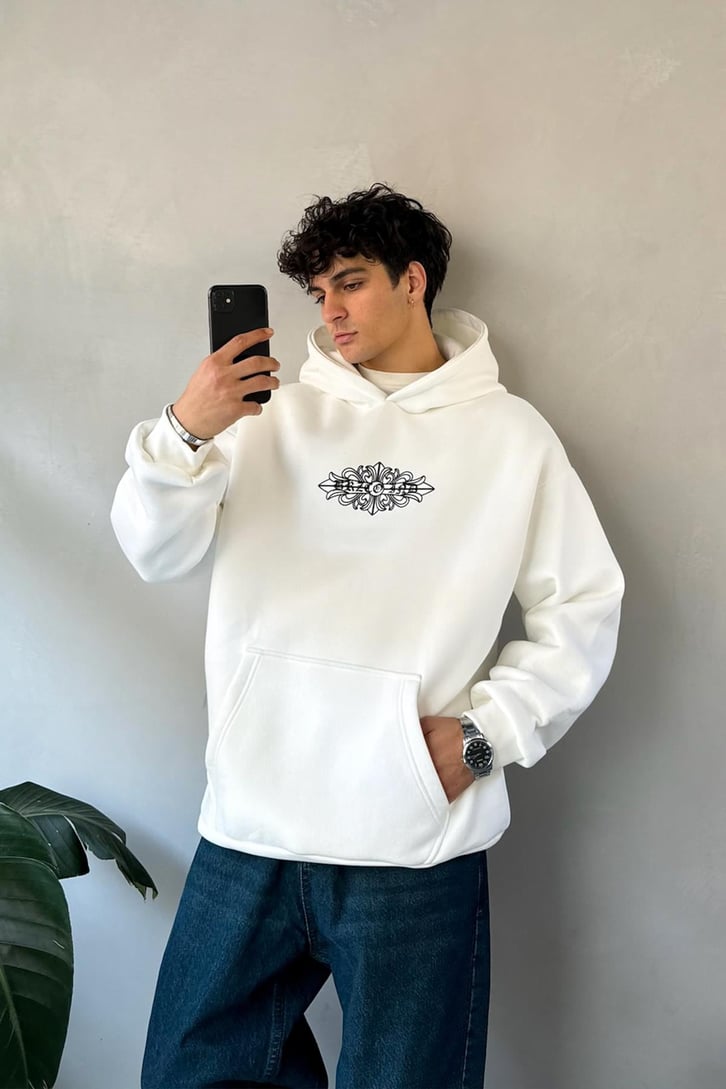 Etnik Sırt Baskılı Oversize Hoodie