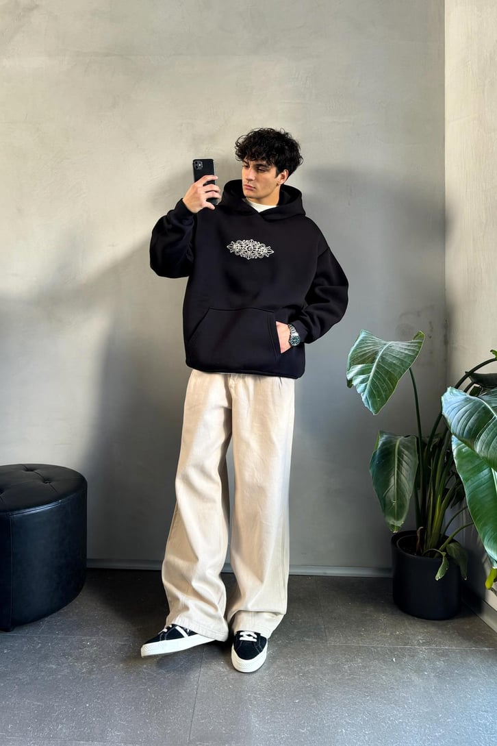 Etnik Sırt Baskılı Oversize Hoodie